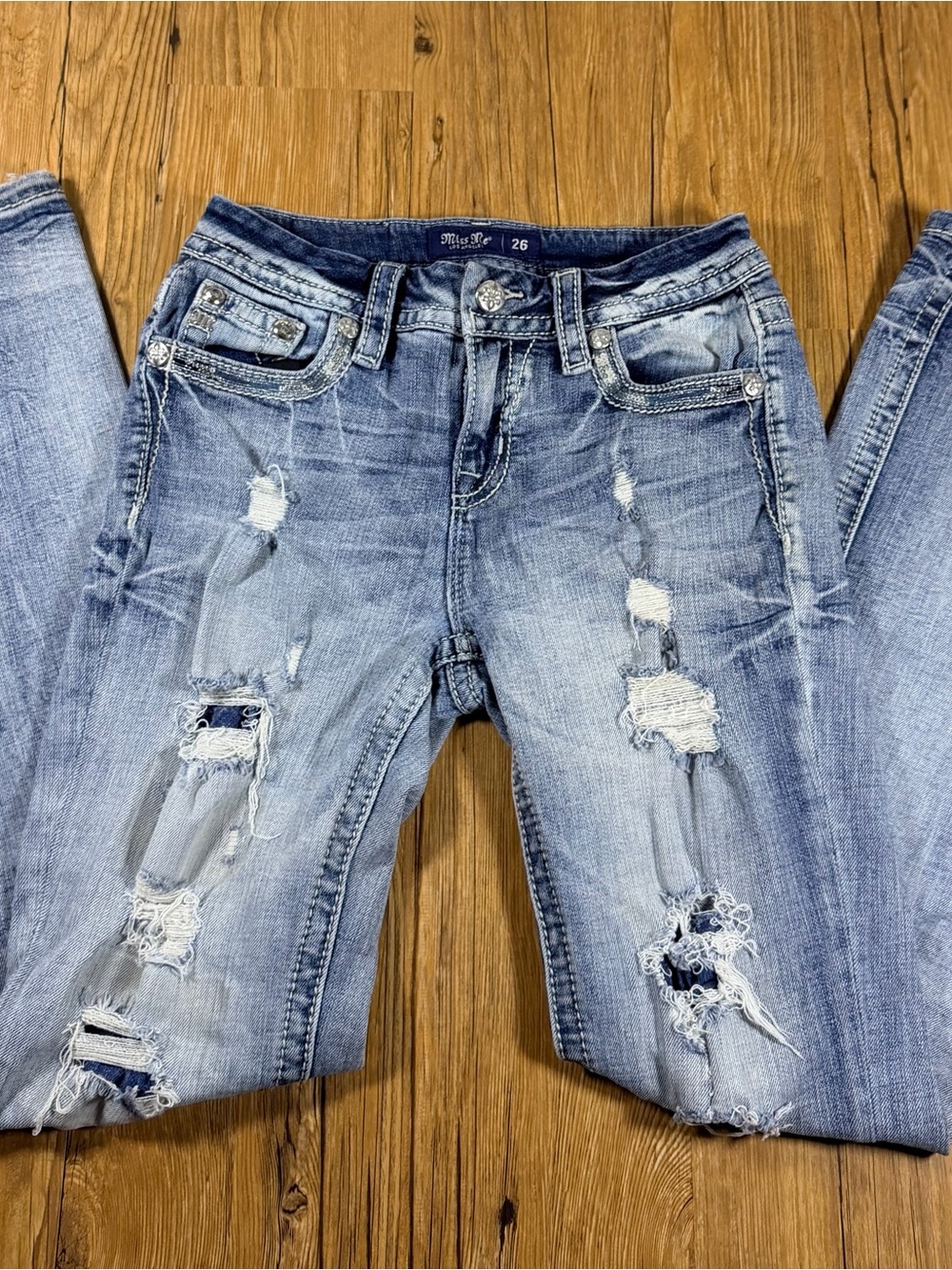 Miss Me Womens 26 Mid Rise Bootcut Jeans Distressed Rhinestone Sequin Y2K